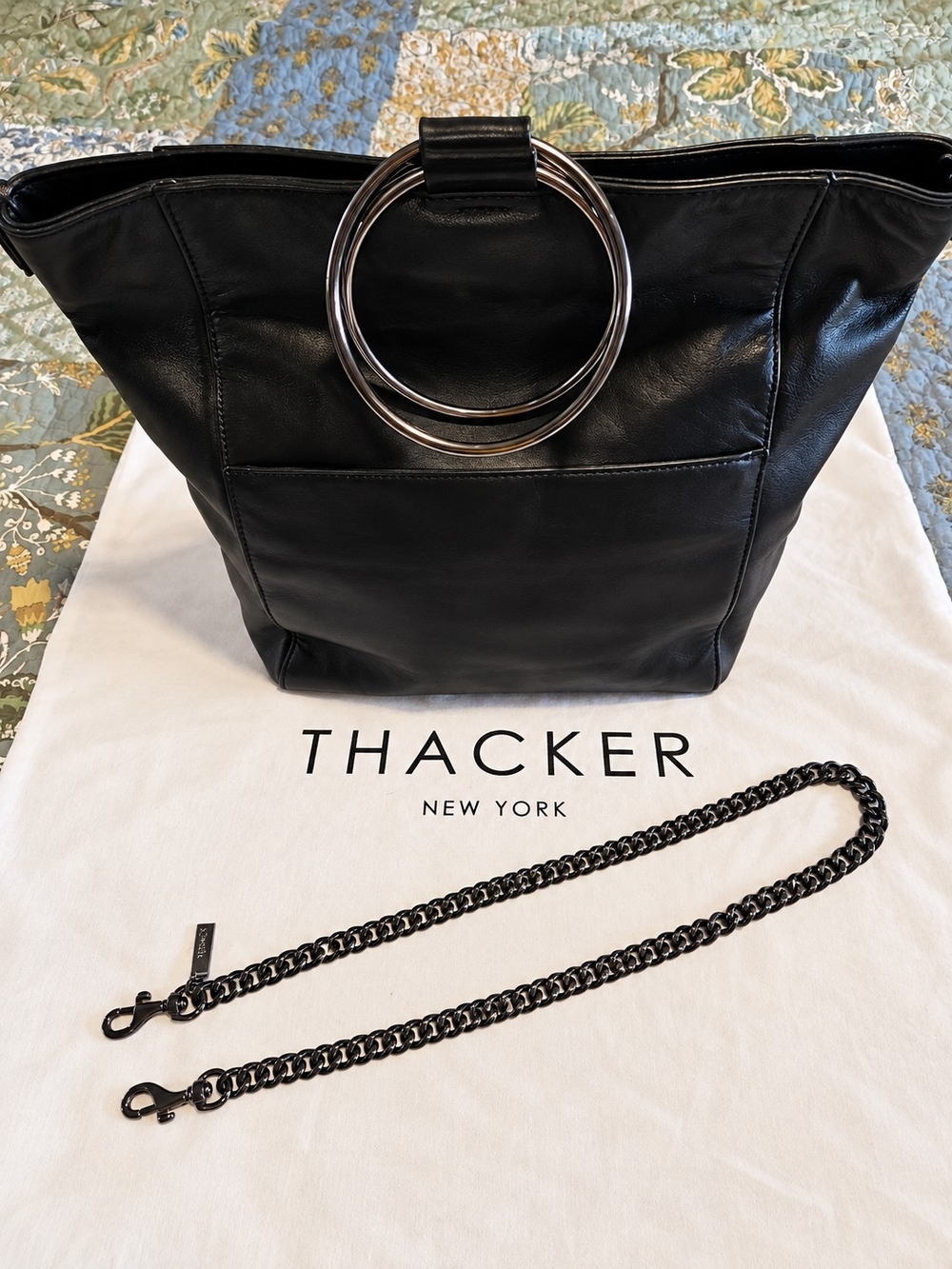 Thacker New York Black Leather Ring Handle Satchel Chain Strap